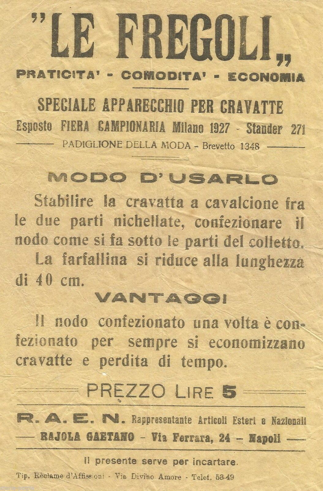 Volantino Pubblicitario Cravatte Fregoli Napoli Anni '20 Brevetto