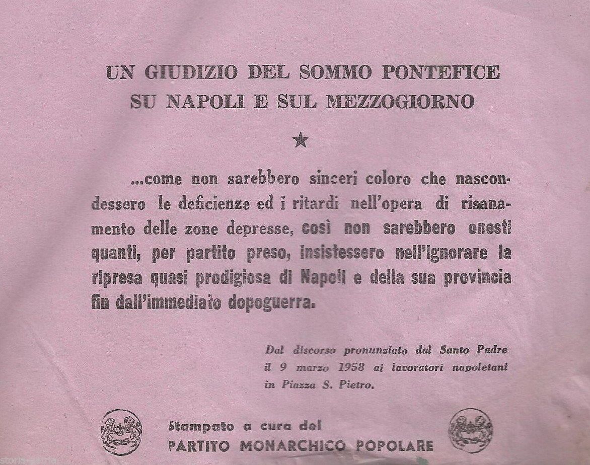 Volantino Del Partito Monarchico Popolare, Napoli: Discorso Del Papa, 1958