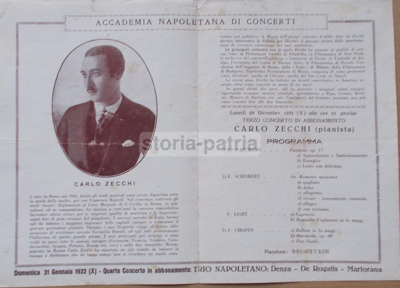 Programma Concerto Carlo Zecchi, Teatro San Carlo, Napoli, 1931