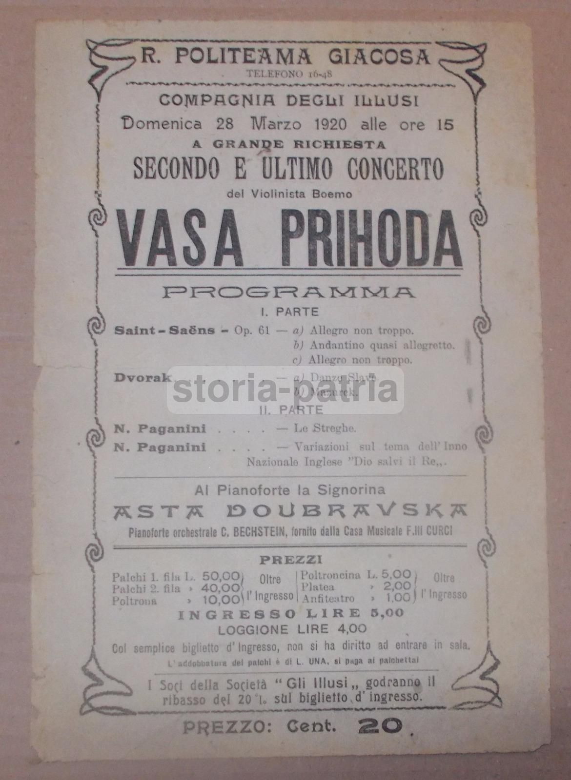 Volantino Concerto Váša Příhoda Politeama Giacosa Napoli 1920