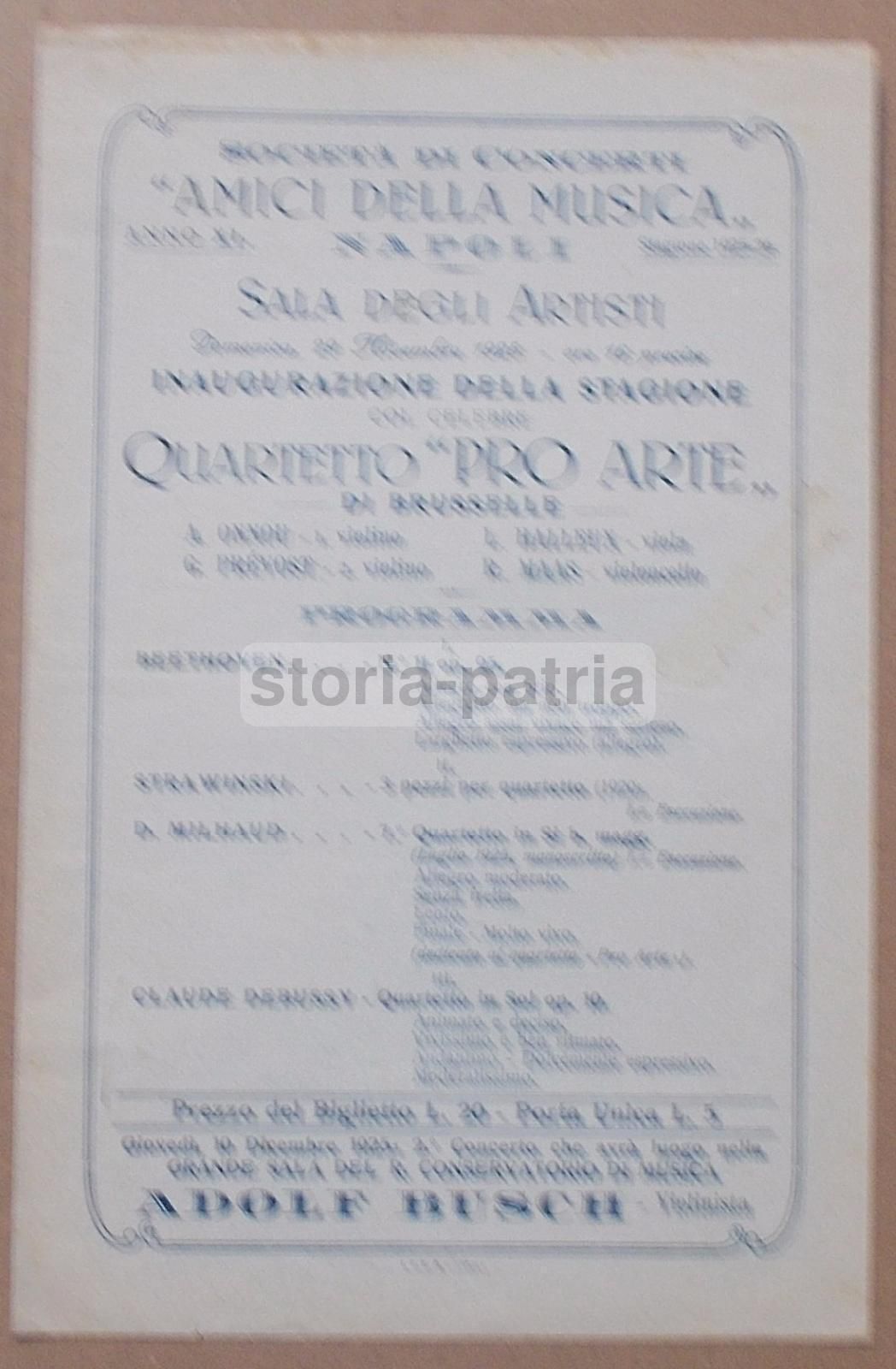 Volantino Quartetto Pro Arte, Napoli, 1925, Amici Della Musica
