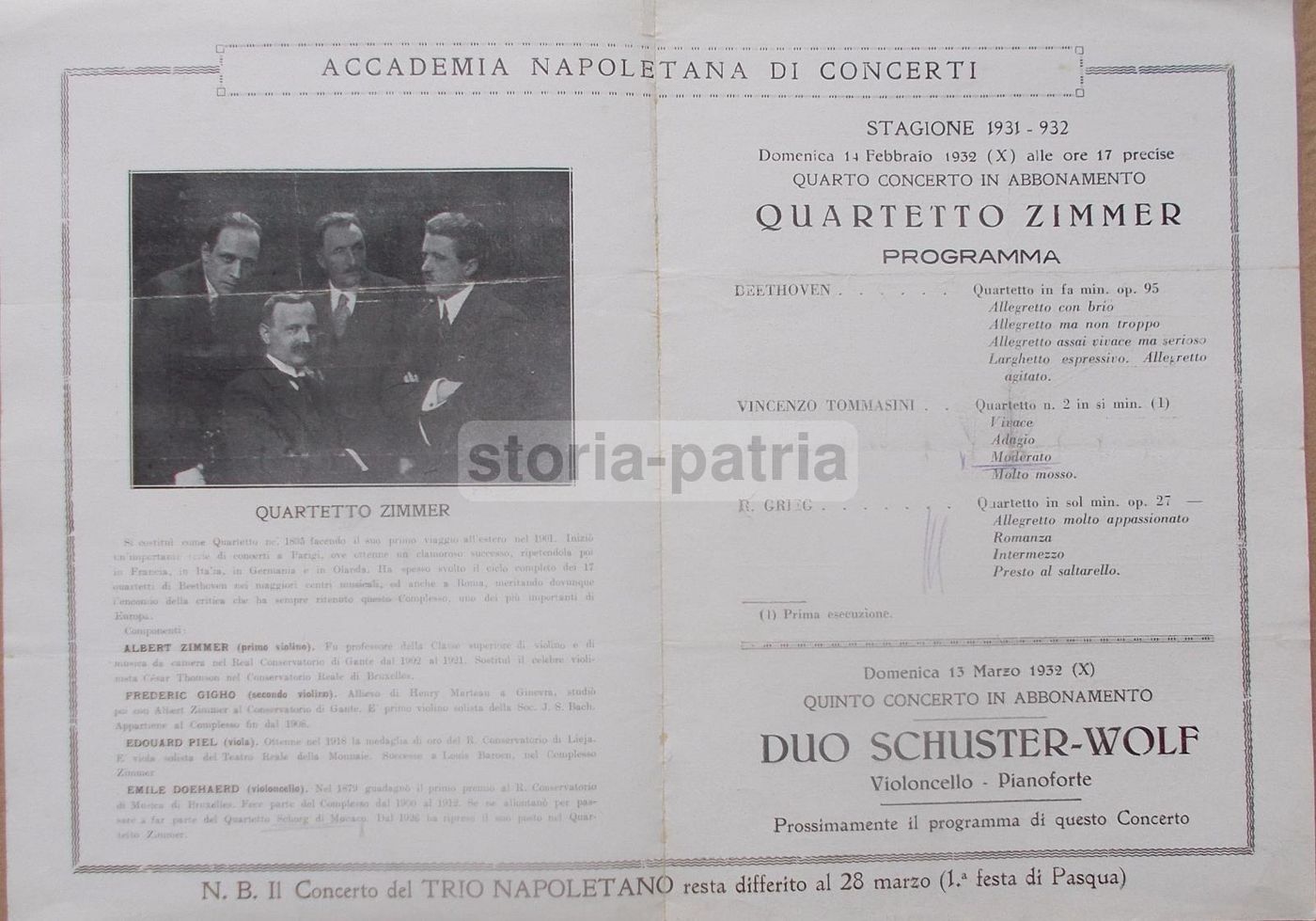 Programma Concerti Quartetto Zimmer, Napoli, 1932, Conservatorio