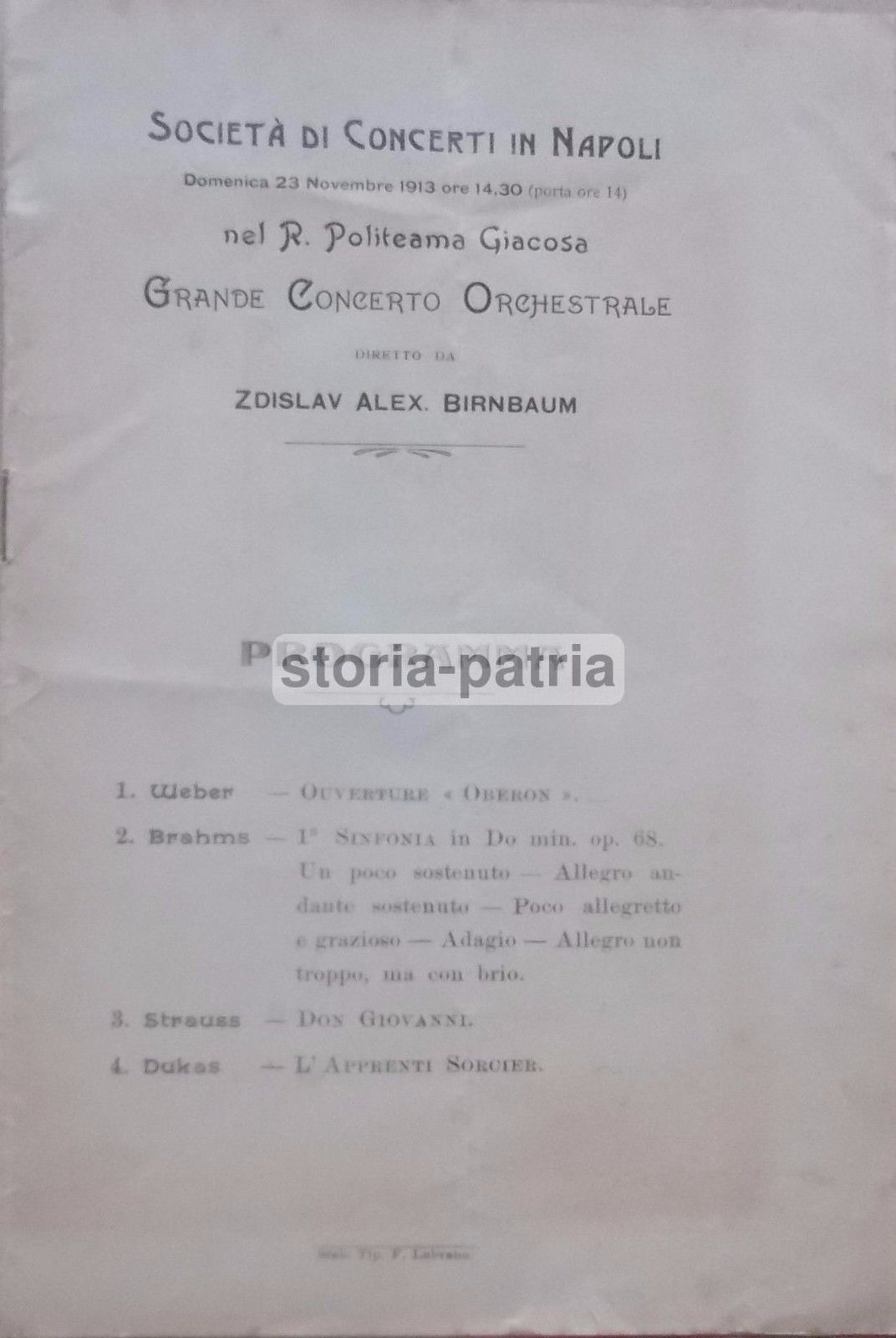 Programma Concerto Birnbaum, 1913, Politeama Giacosa, Napoli