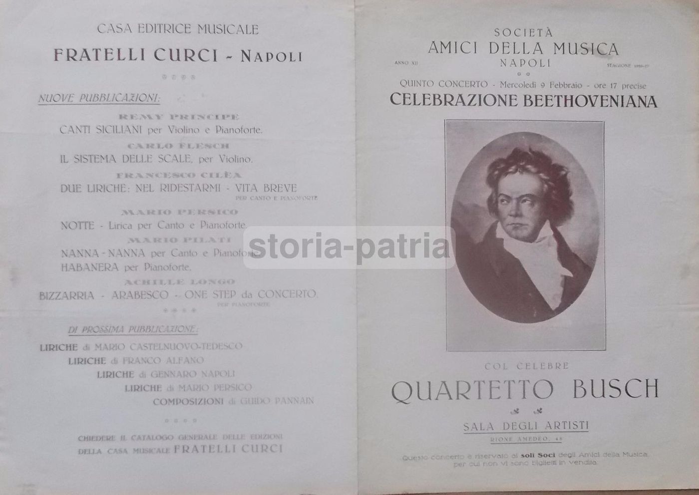 Napoli 1927 Programma Concerto Quartetto Busch Beethoven Originale