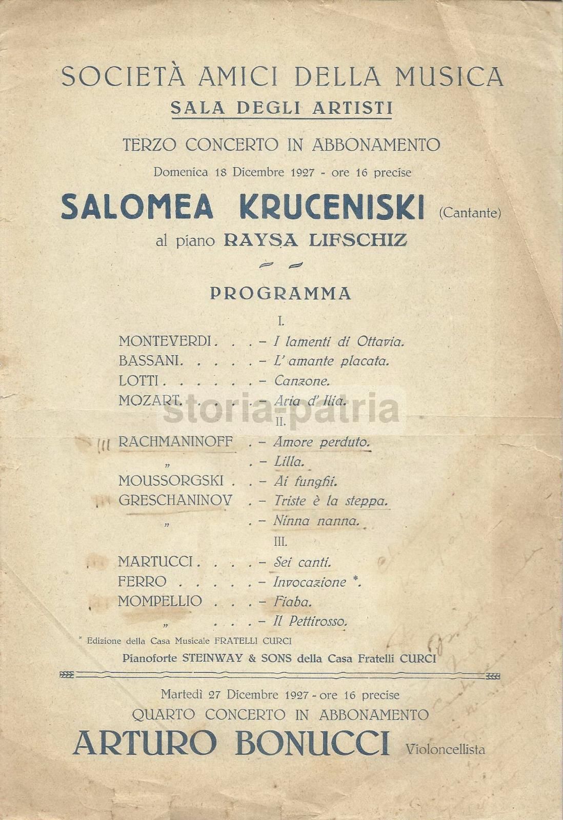 Volantino Concerto Salomea Kruceniski, Napoli 1927, Società Amici Della Musica