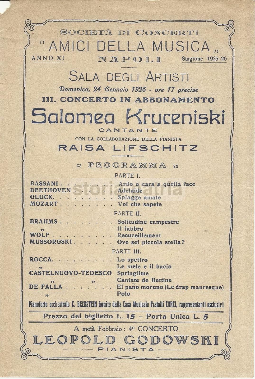 Volantino Concerto Salomea Kruceniski, Napoli 1926, Amici Della Musica