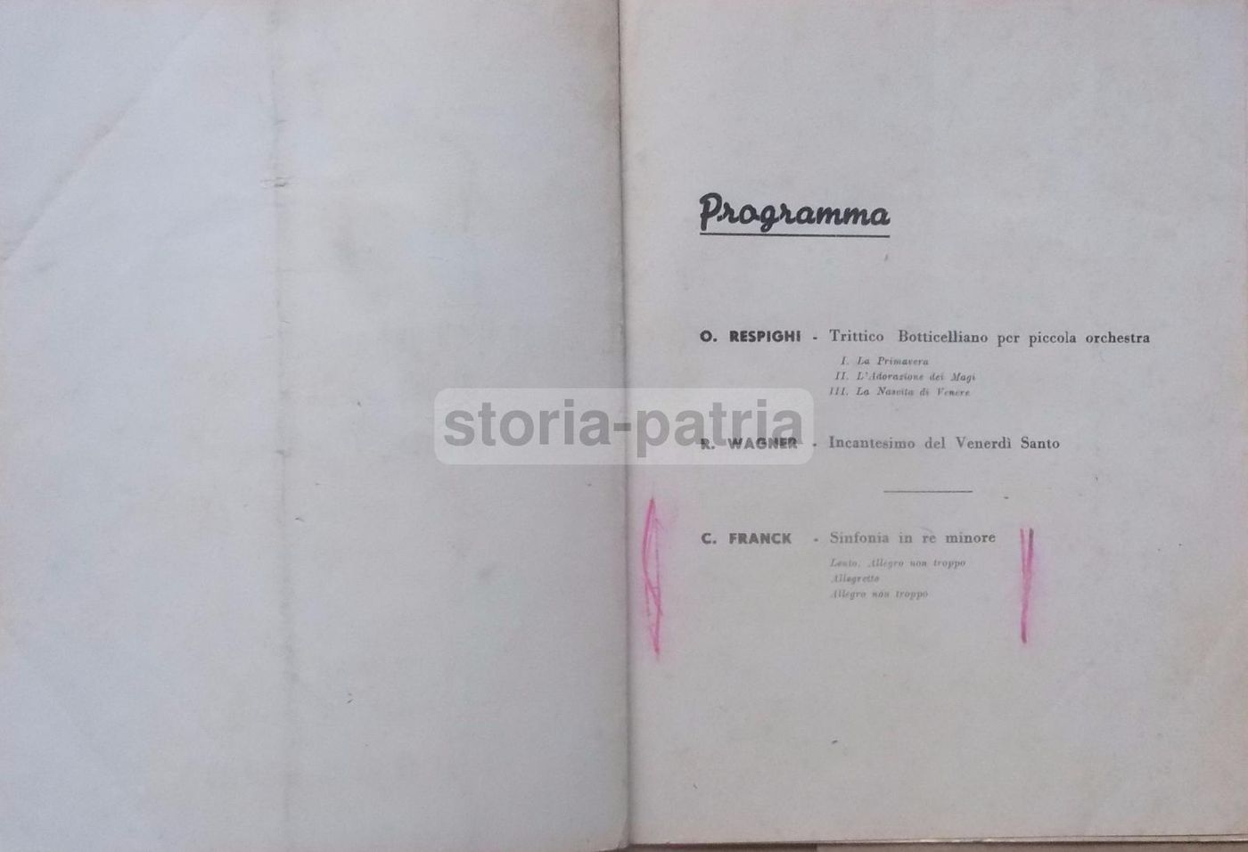 Programma Concerto Karl Schuricht, Napoli 1942: Respighi, Wagner, Franck