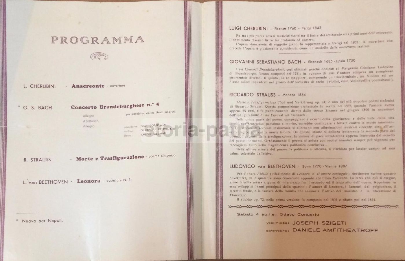 Programma Concerto Orchestrale Napoli 1936 Dobrowen Cherubini Bach