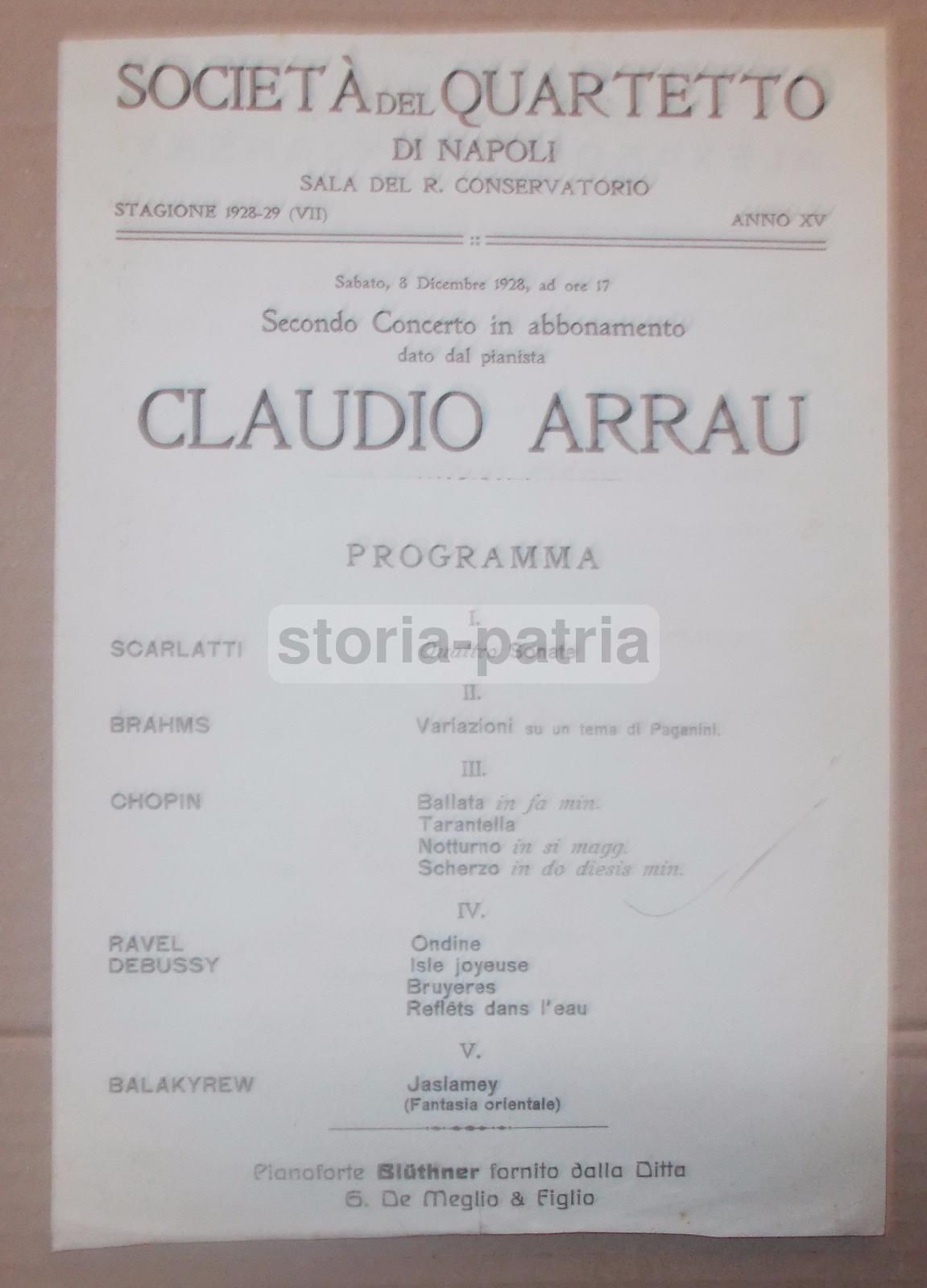 Volantino Concerto Claudio Arrau Napoli 1928 Società Del Quartetto