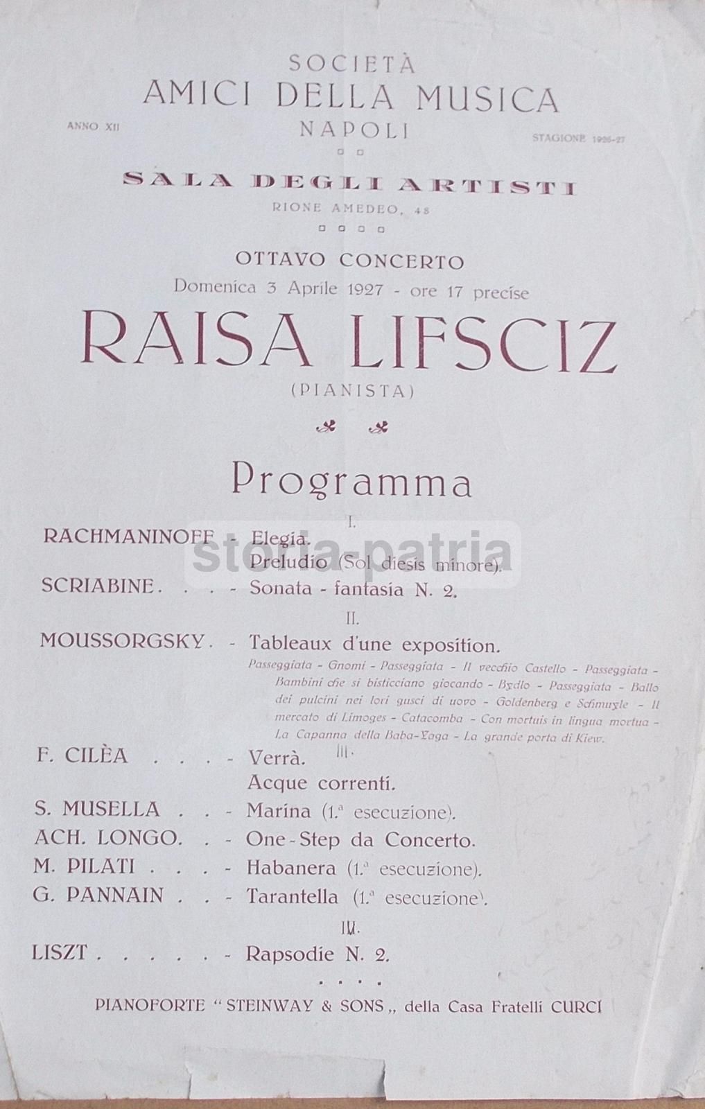 Volantino Concerto Raisa Lifsciz, Napoli 1927, Amici Della Musica