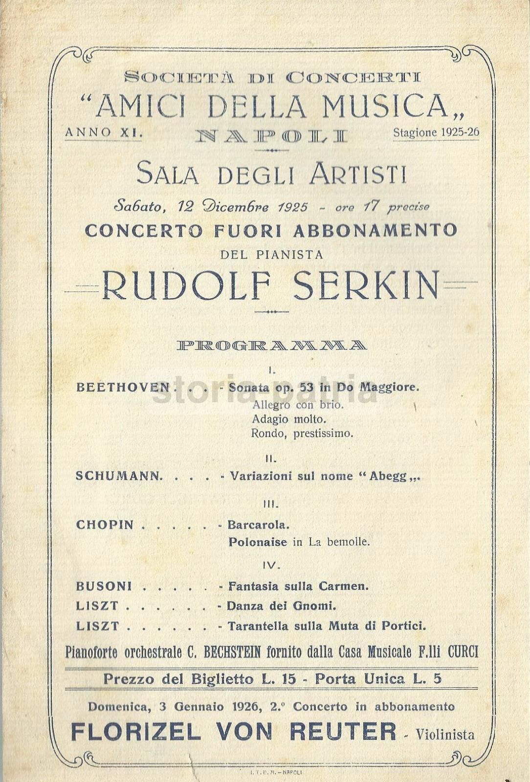 Volantino Concerto Rudolf Serkin Napoli 1925 Amici Della Musica