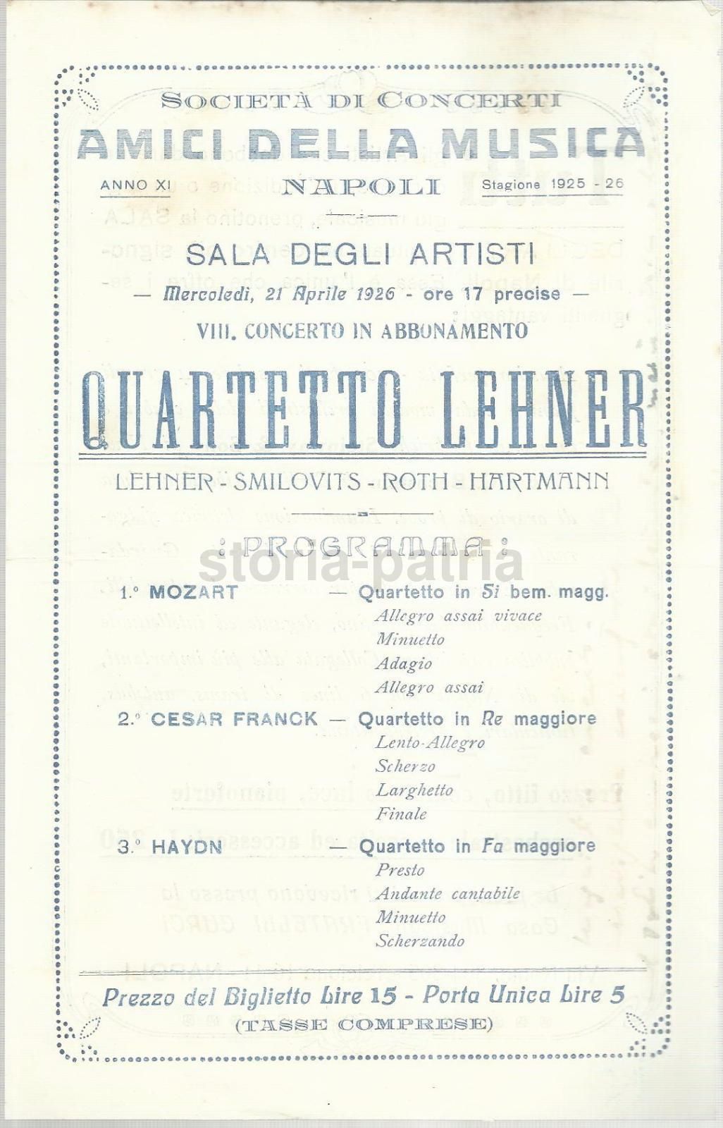 Volantino Concerto Quartetto Lehner, Napoli 1926, Amici Della Musica