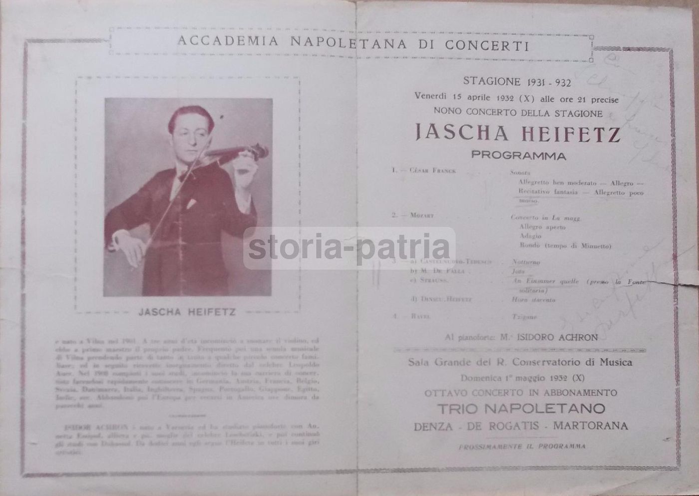 Programma Concerto Jascha Heifetz, Teatro San Carlo, Napoli 1932
