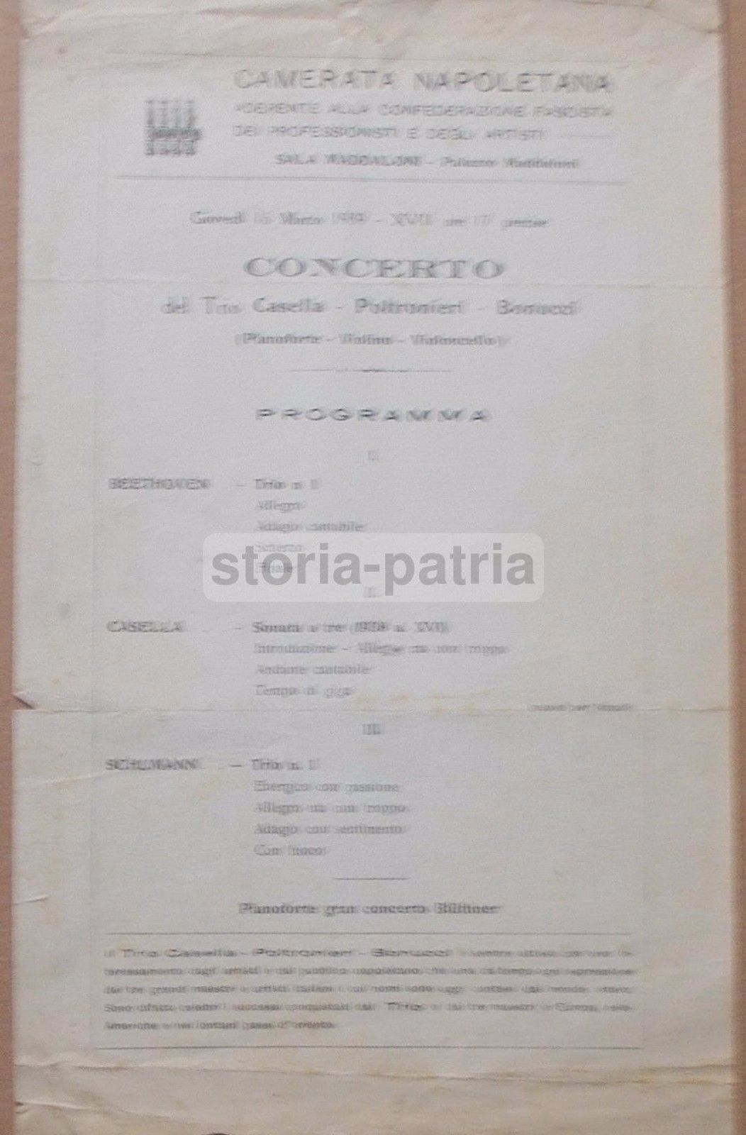 Volantino Concerto Trio Casella Poltronieri Bonucci, Napoli 1939