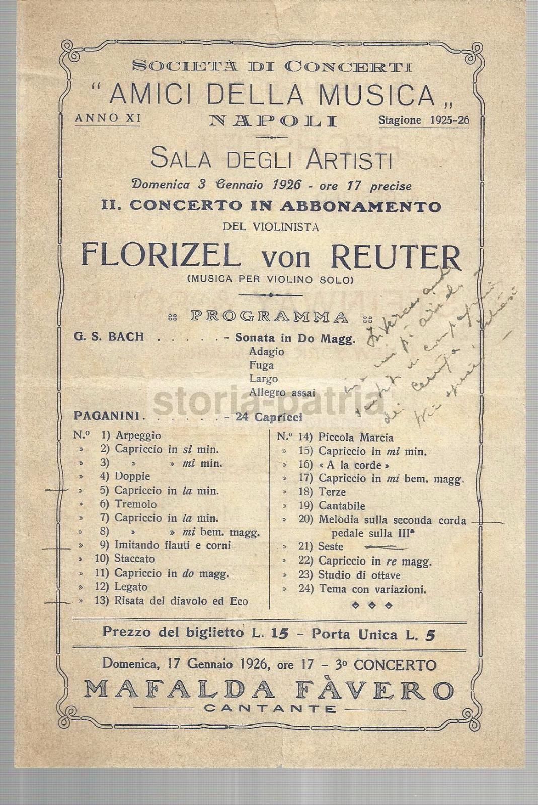 Volantino Concerto Florizel Von Reuter, Napoli 1926 (Paganini, Bach)