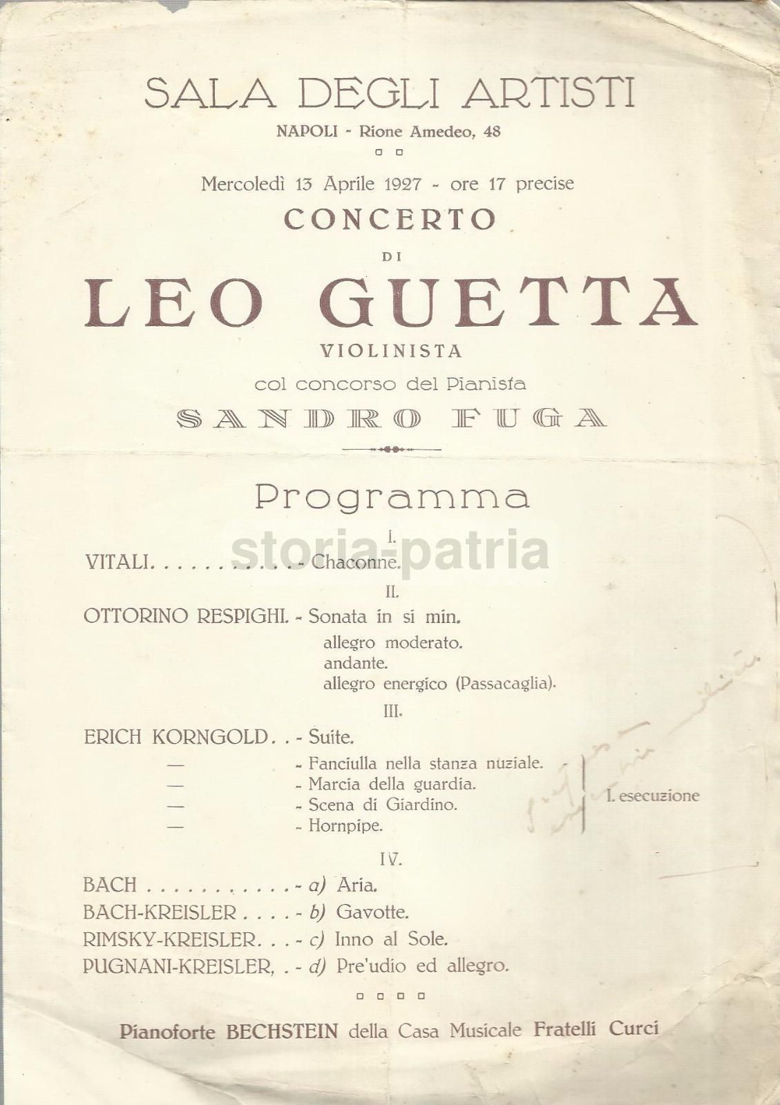 Locandina Concerto Leo Guetta Violinista Napoli 1927