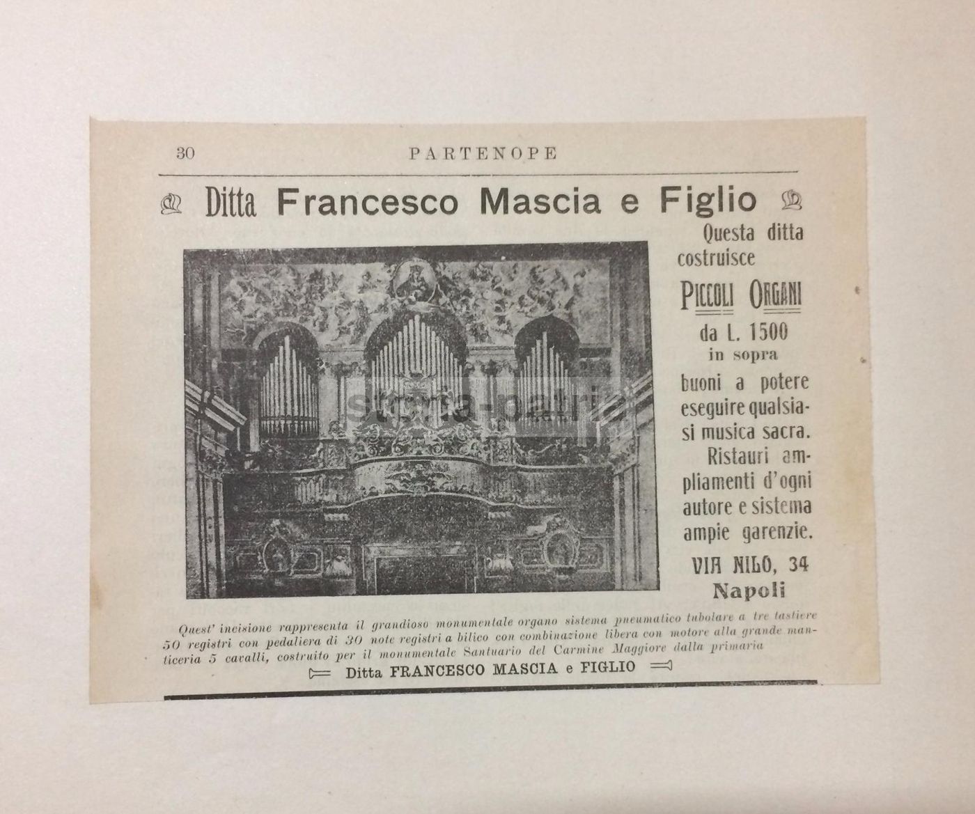 Pubblicità Ditta Mascia Organi Napoli 1912 Sistema Pneumatico