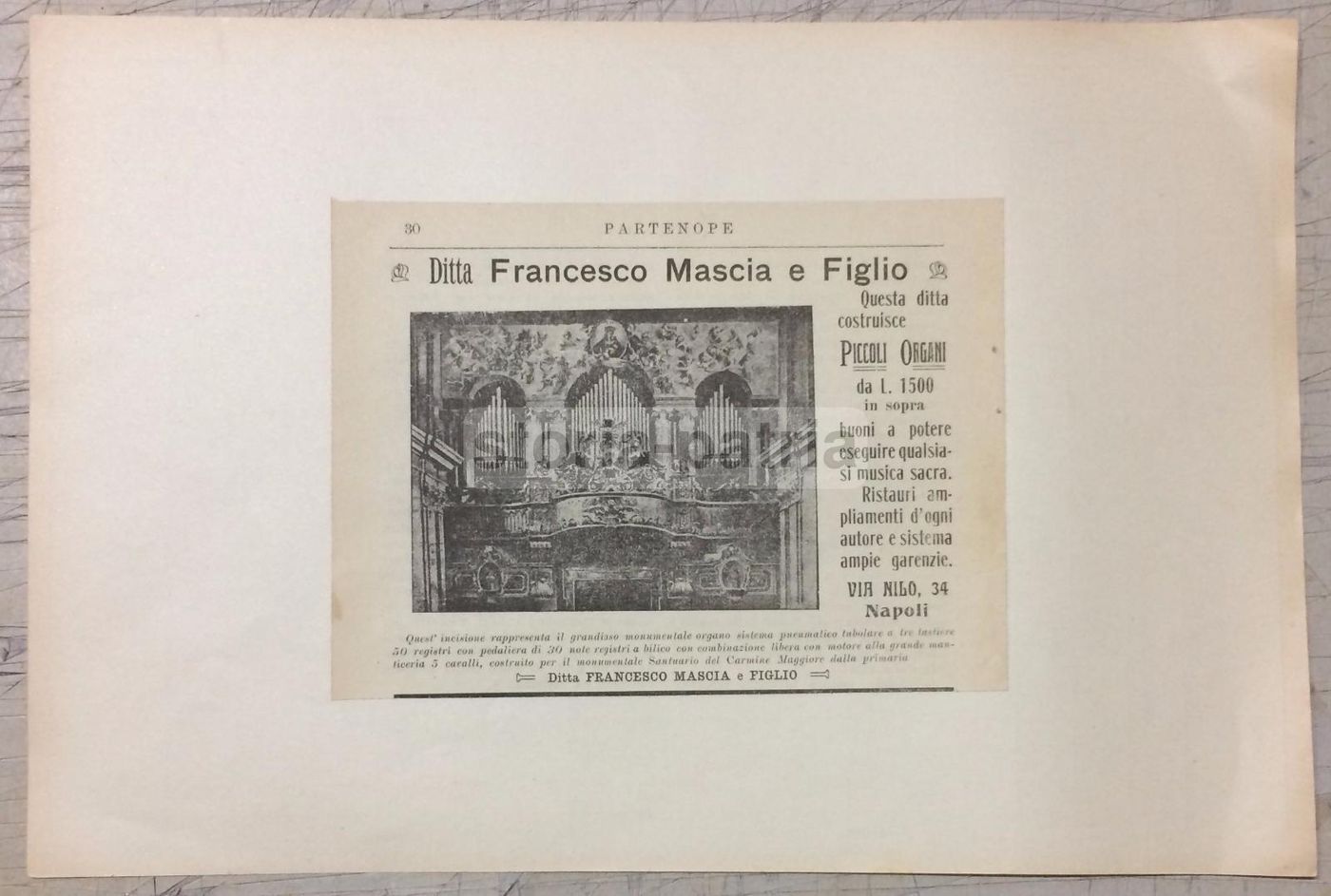 Pubblicità Ditta Mascia Organi Napoli 1912 Sistema Pneumatico
