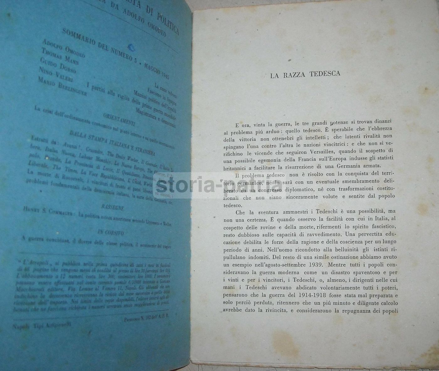 L'Acropoli Rivista Politica, Napoli 1945 (n. 5)   Adolfo Omodeo