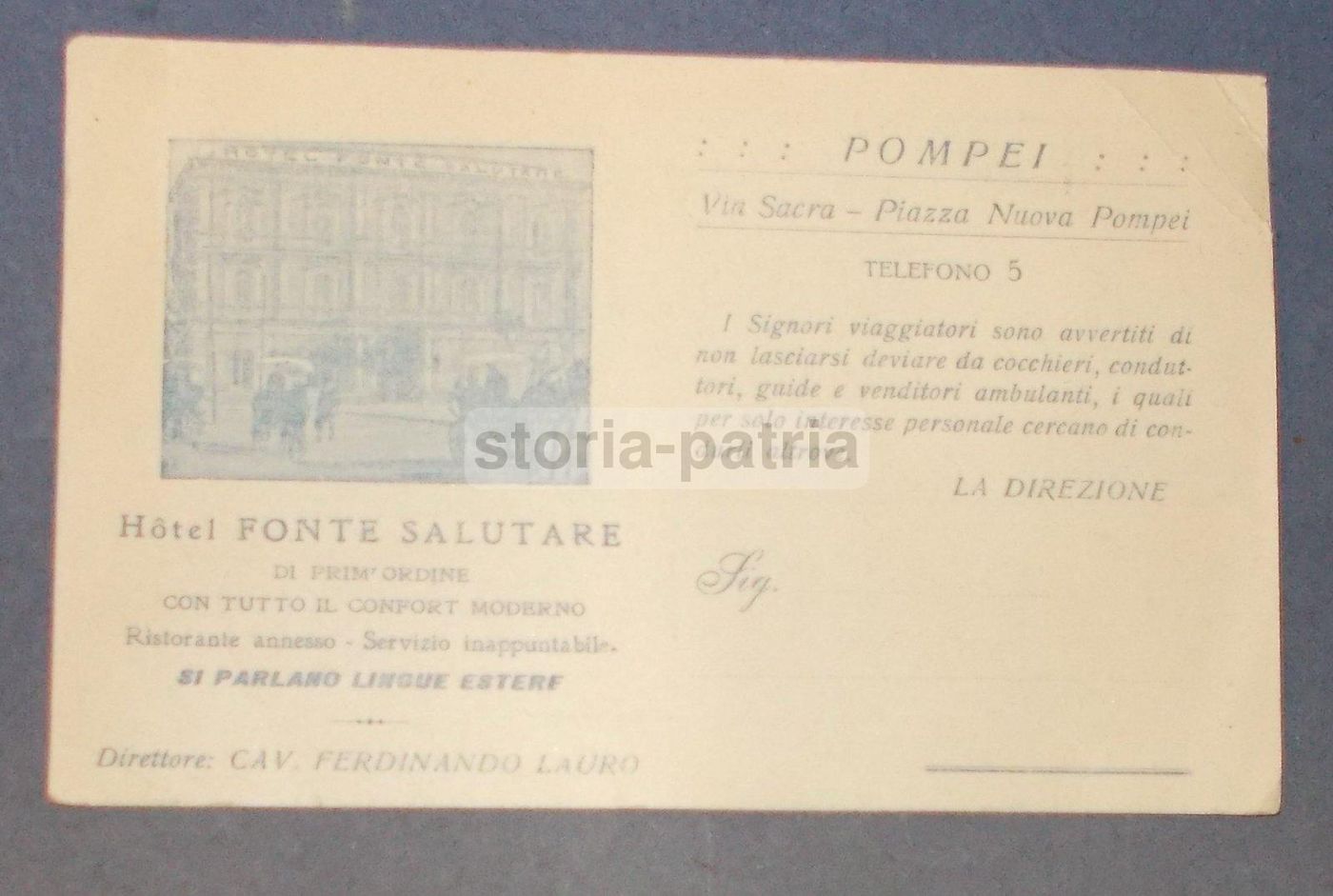Cartolina Pubblicitaria Hotel Fonte Salutare Pompei Napoli Anni '20