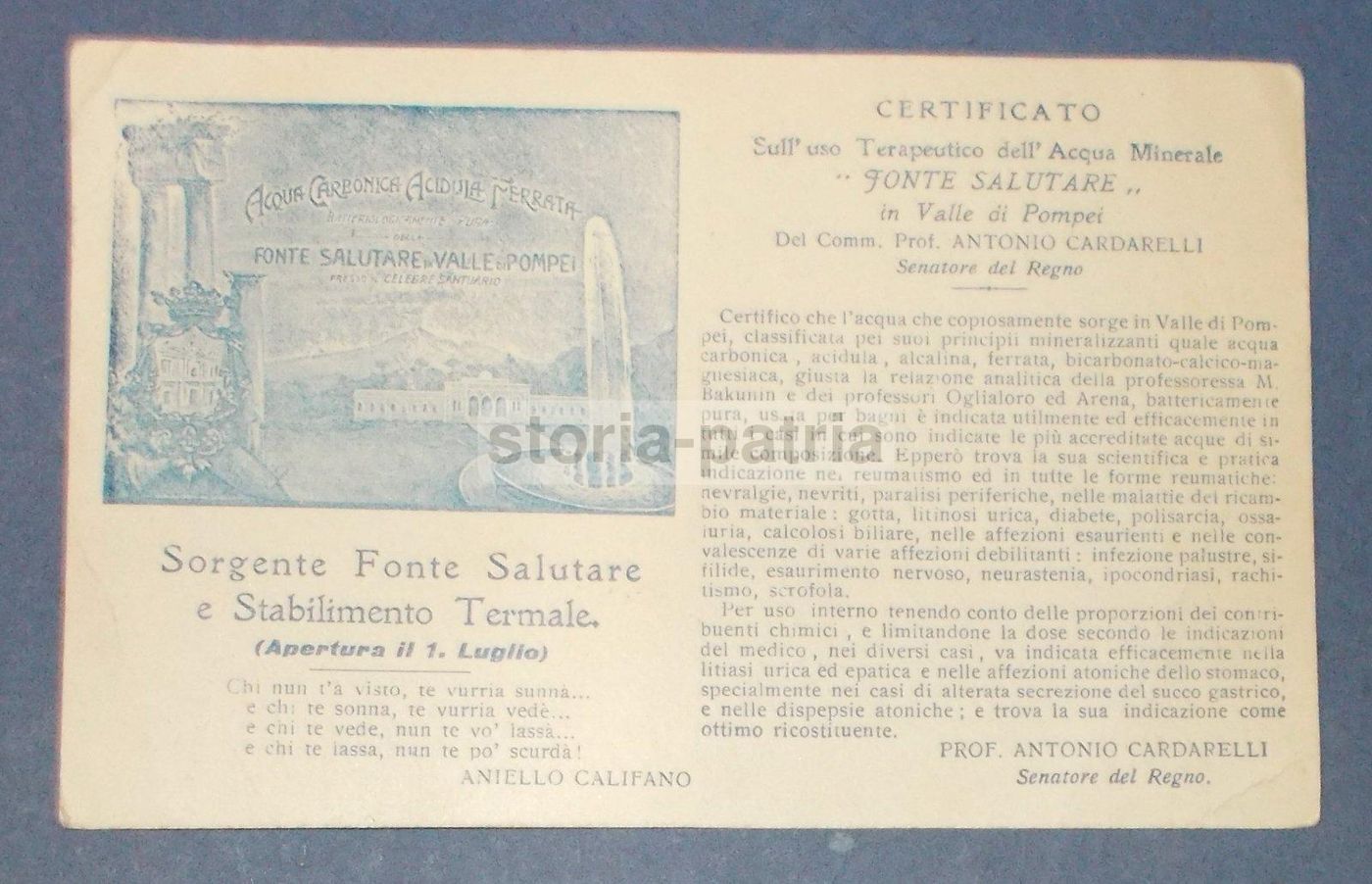 Cartolina Pubblicitaria Hotel Fonte Salutare Pompei Napoli Anni '20
