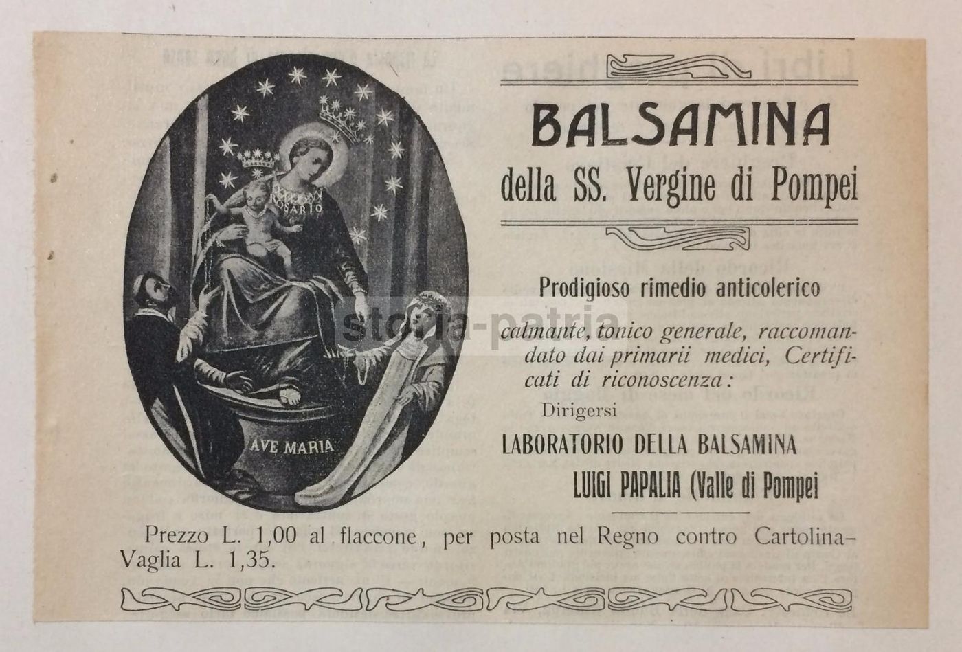 Pubblicità Anticolerico Balsamina Madonna Di Pompei Papalia 1912
