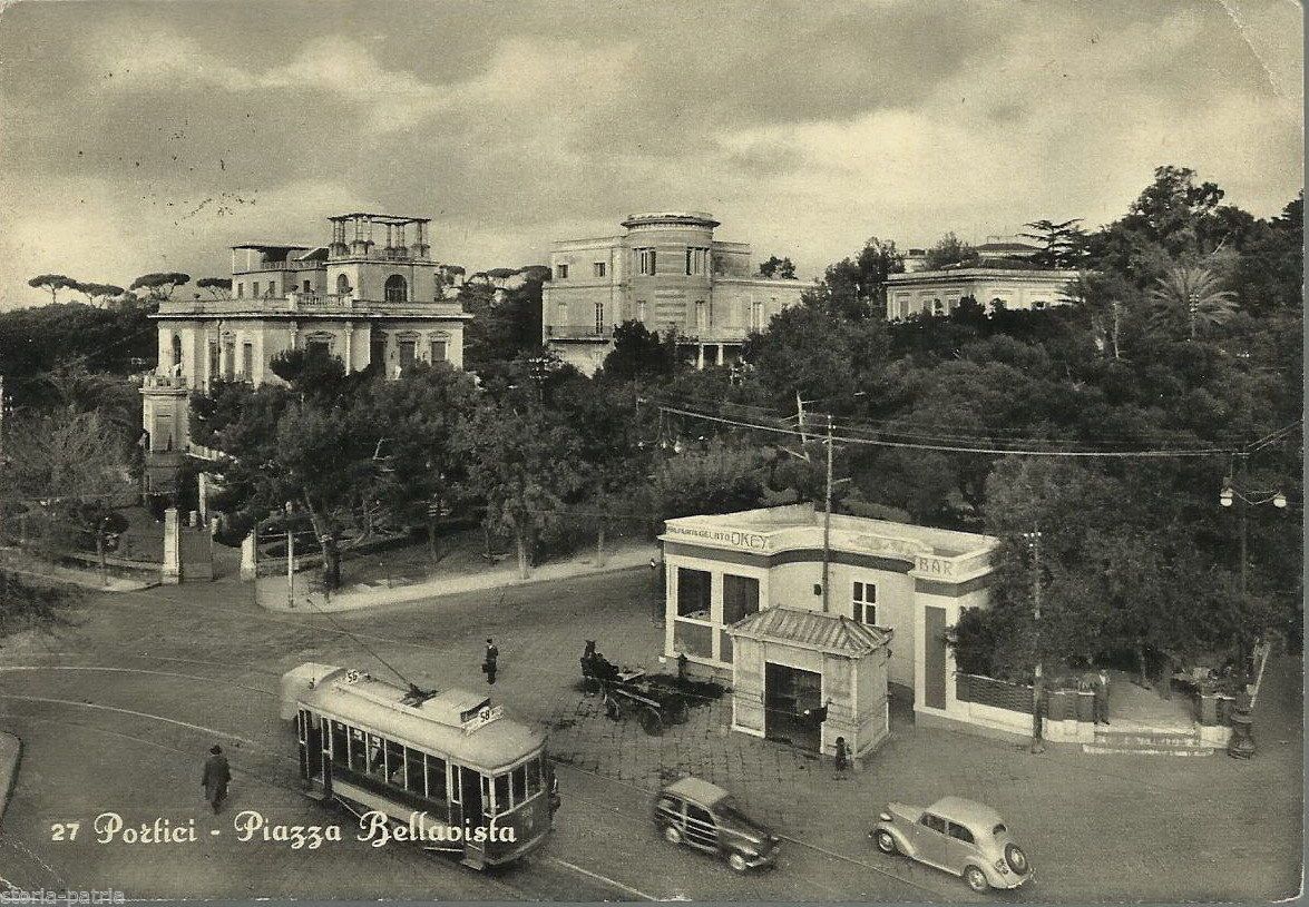 Cartolina Portici, Piazza Bellavista: Anni '50, Tram, Auto E Bar Okey