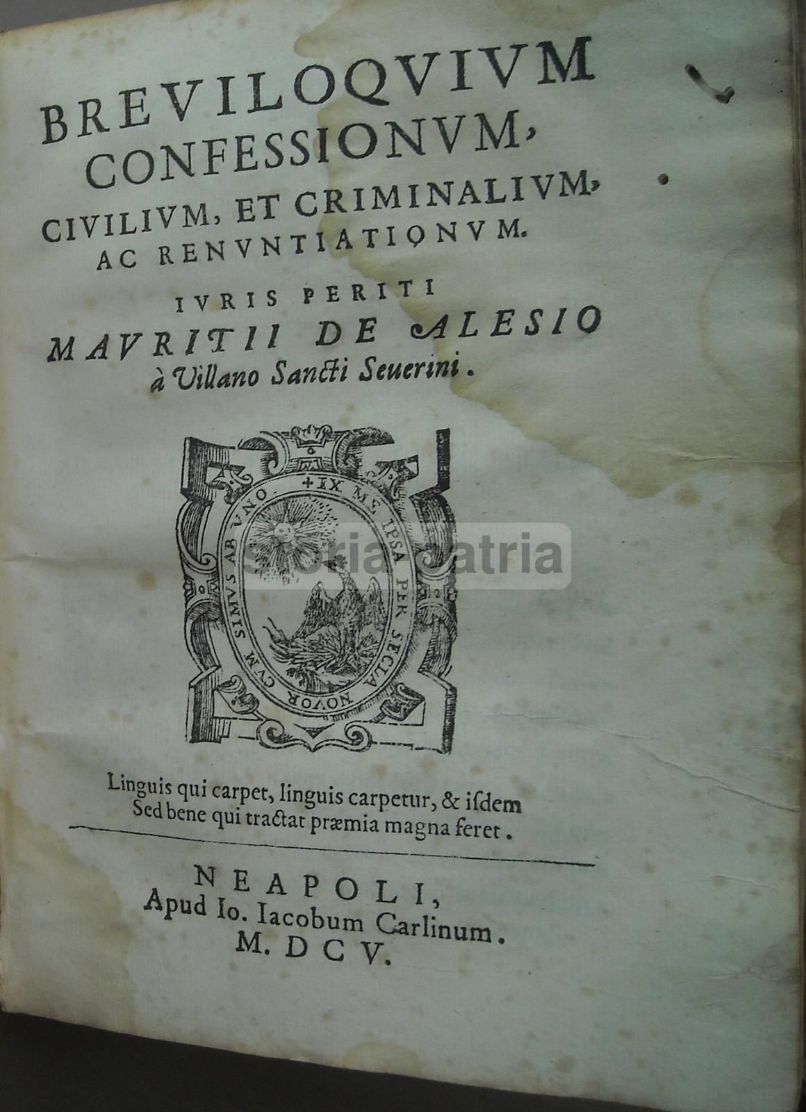 Breviloquium Confessionum, Mauritio De Alesio, Napoli 1605, Raro
