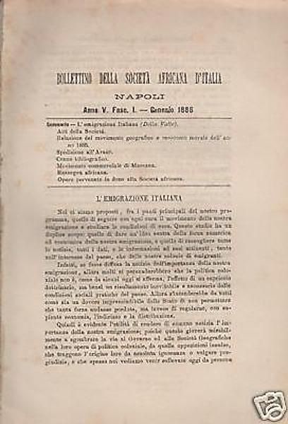 Bollettino Della Società Africana d'Italia, Napoli 1886. Emigrazione E Massaua