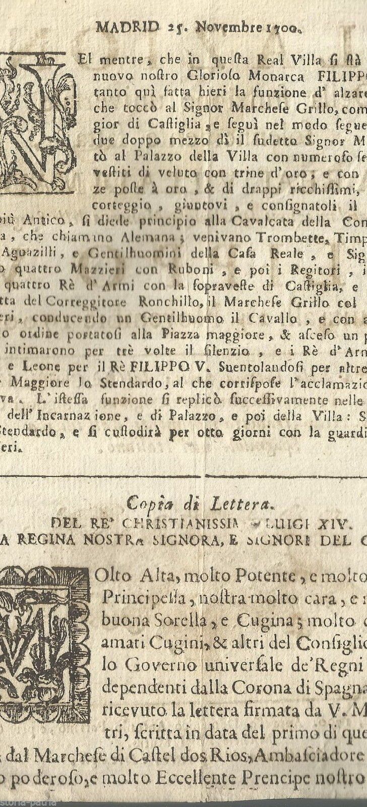 Filippo V Re Di Spagna 1700: Lettera Di Luigi XIV (Napoli, Parrino)