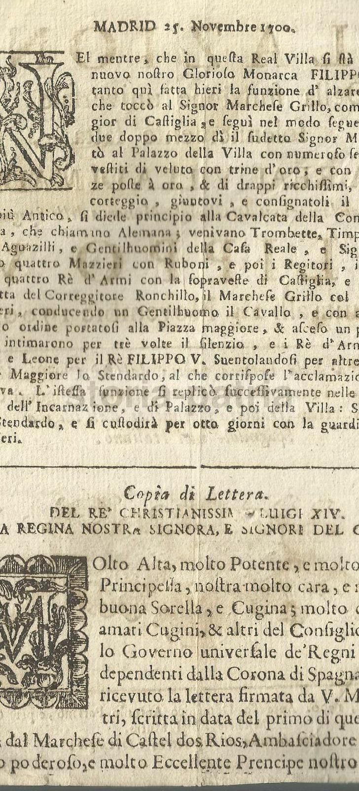 Filippo V Re Di Spagna 1700: Lettera Di Luigi XIV (Napoli, Parrino)