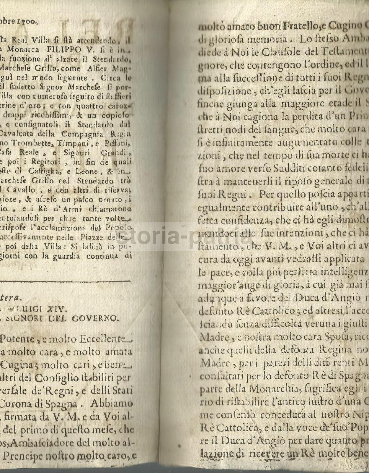 Filippo V Re Di Spagna 1700: Lettera Di Luigi XIV (Napoli, Parrino)