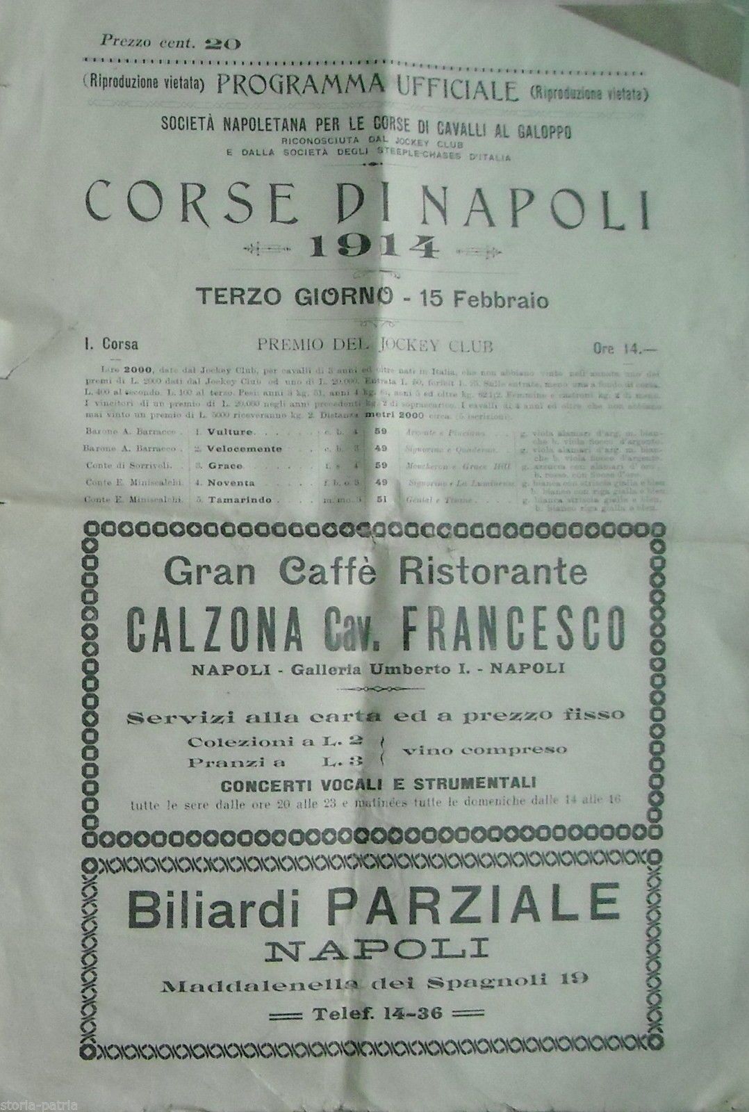 Programma Corse Cavalli Napoli 1914 Società Napoletana Galoppo