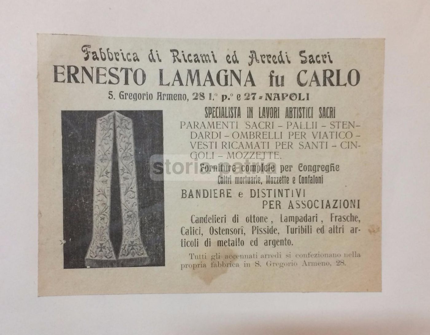 Stampa Pubblicitaria Ditta Lamagna: Ricami Sacri, Napoli, 1912