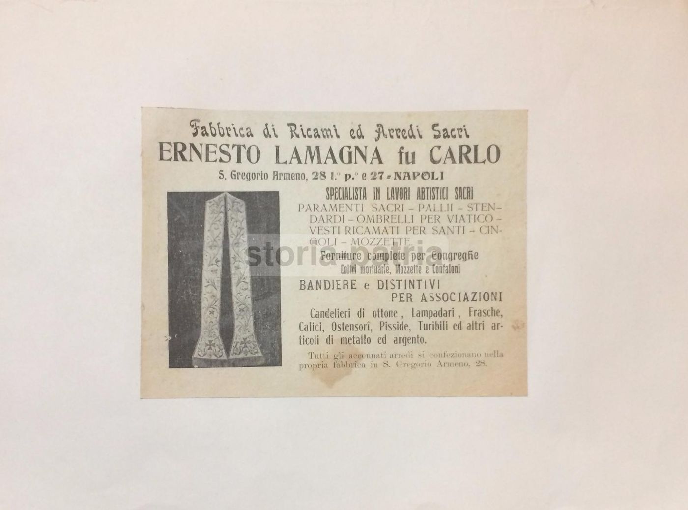 Stampa Pubblicitaria Ditta Lamagna: Ricami Sacri, Napoli, 1912