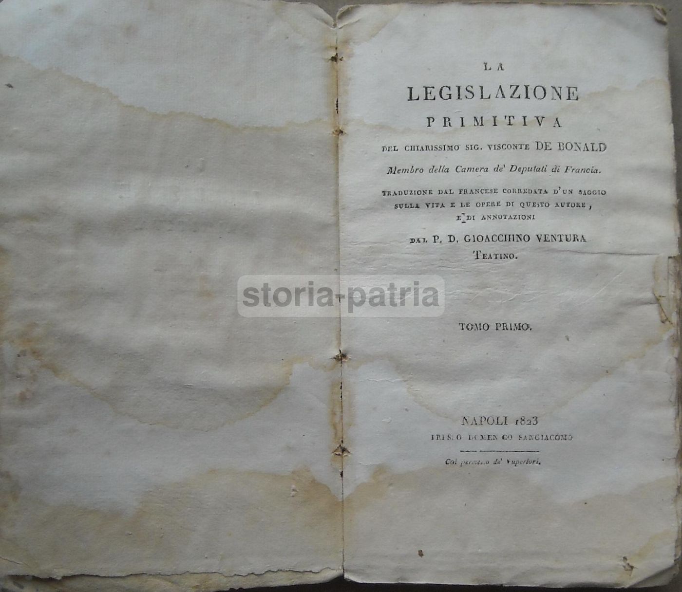 La Legislazione Primitiva: Ventura, De Bonald. Napoli, 1823