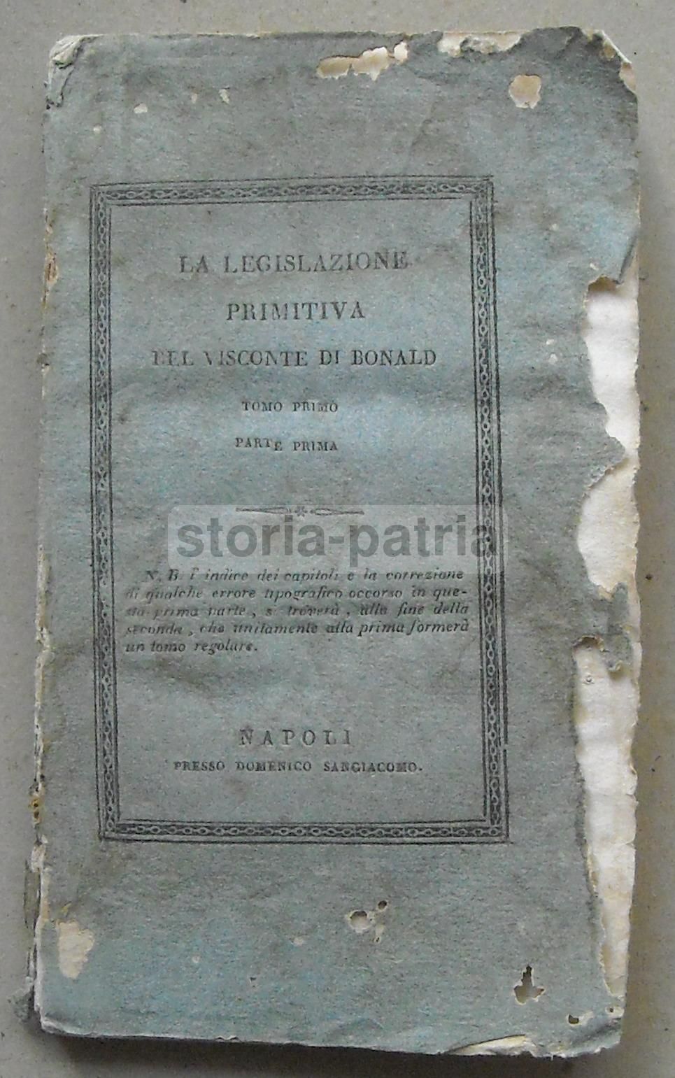 La Legislazione Primitiva: Ventura, De Bonald. Napoli, 1823