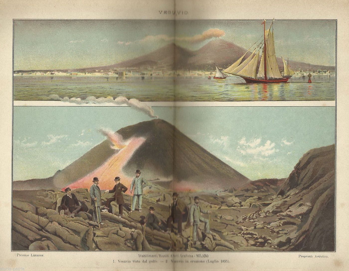 Stampa Antica Eruzione Vesuvio 1895 Golfo Di Napoli Cromolitografia