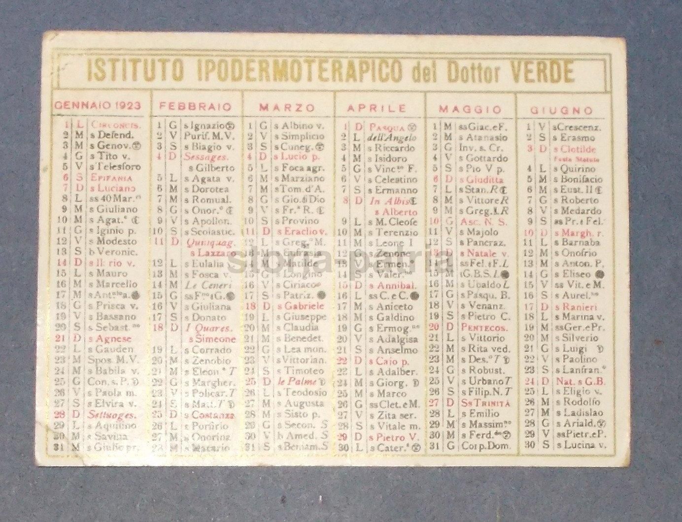 Calendarietto Istituto Ipodermoterapico Dr. Verde, Napoli 1923
