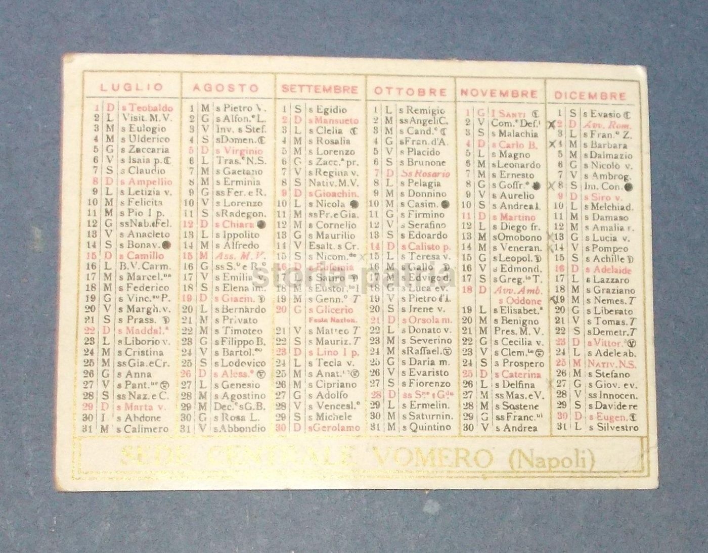 Calendarietto Istituto Ipodermoterapico Dr. Verde, Napoli 1923