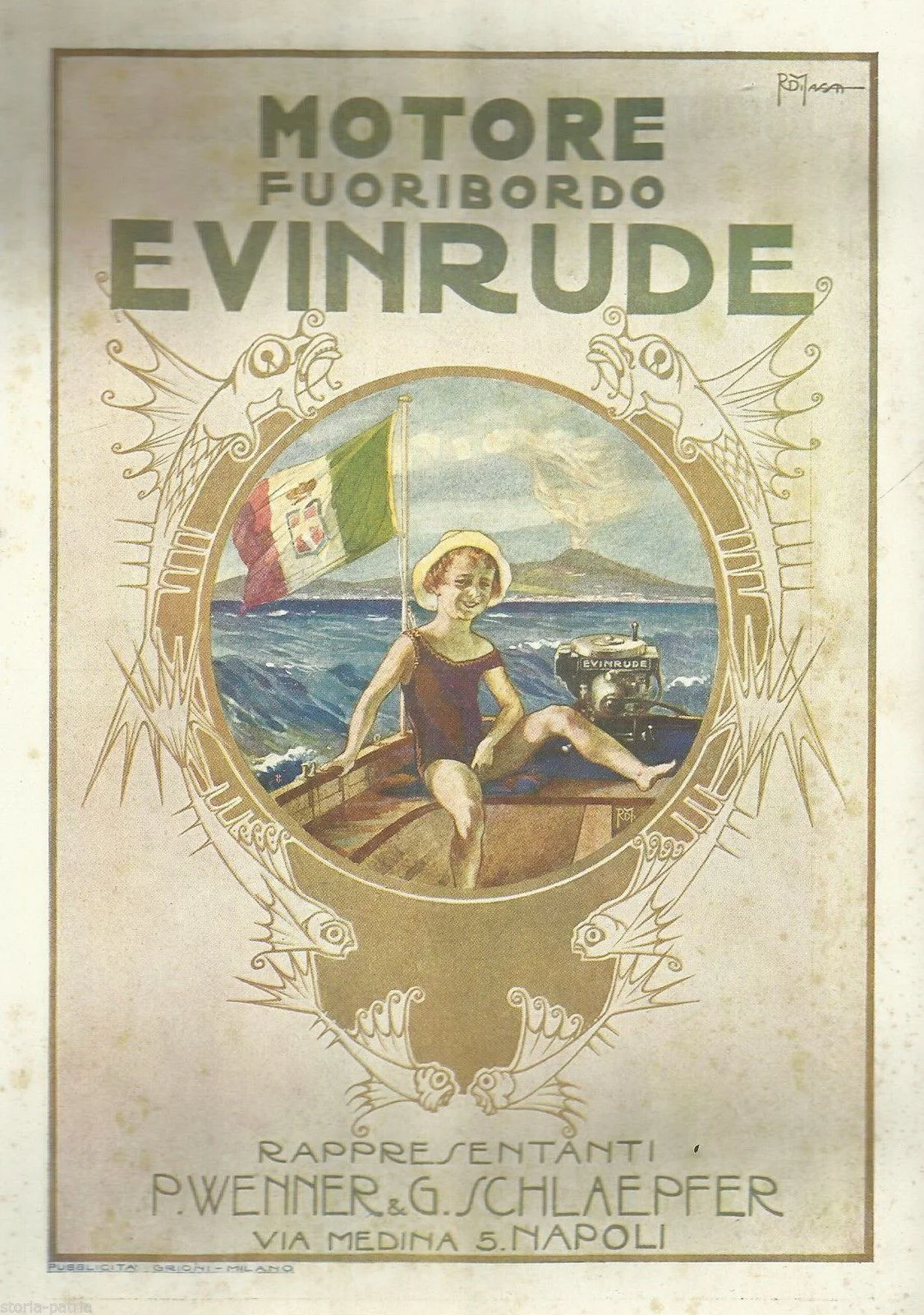Pubblicità Motori Evinrude, Napoli 1921 Illustrazione d'epoca con Vesuvio