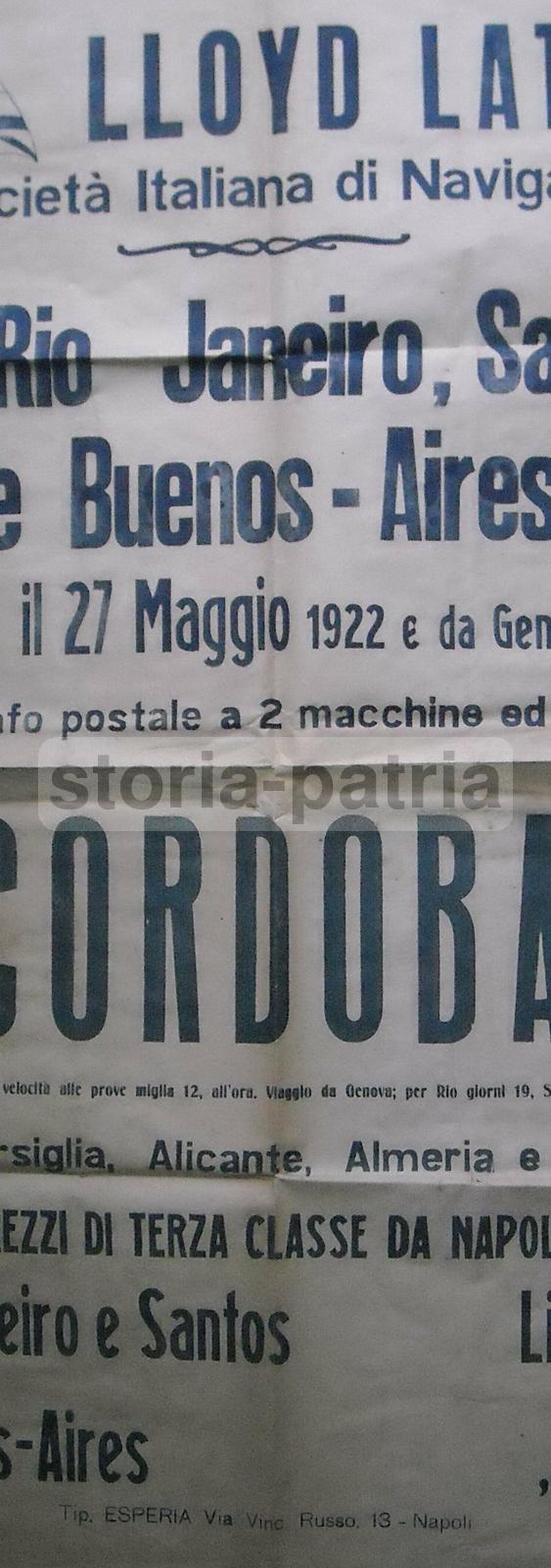 Manifesto Lloyd Latino: Napoli, America Del Sud, 1922, Nave Cordoba