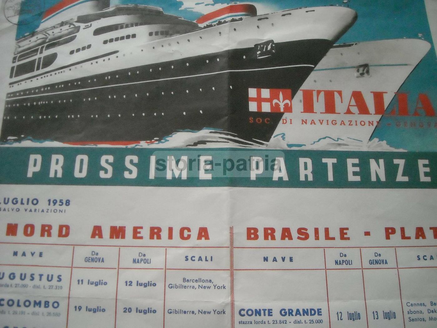 Locandina Partenze Navi Per Le Americhe 1958 Genova Emigrazione