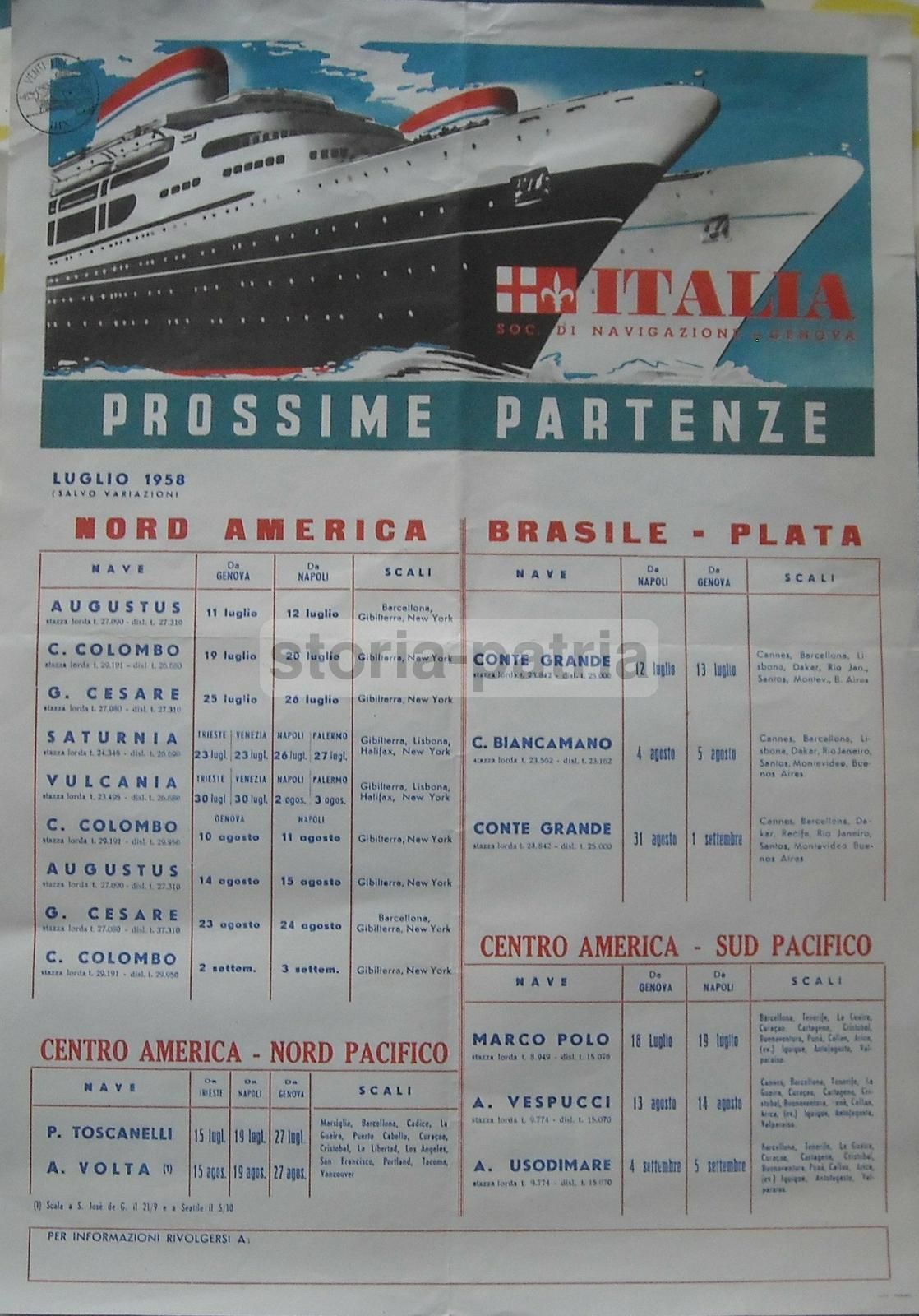 Locandina Partenze Navi Per Le Americhe 1958 Genova Emigrazione