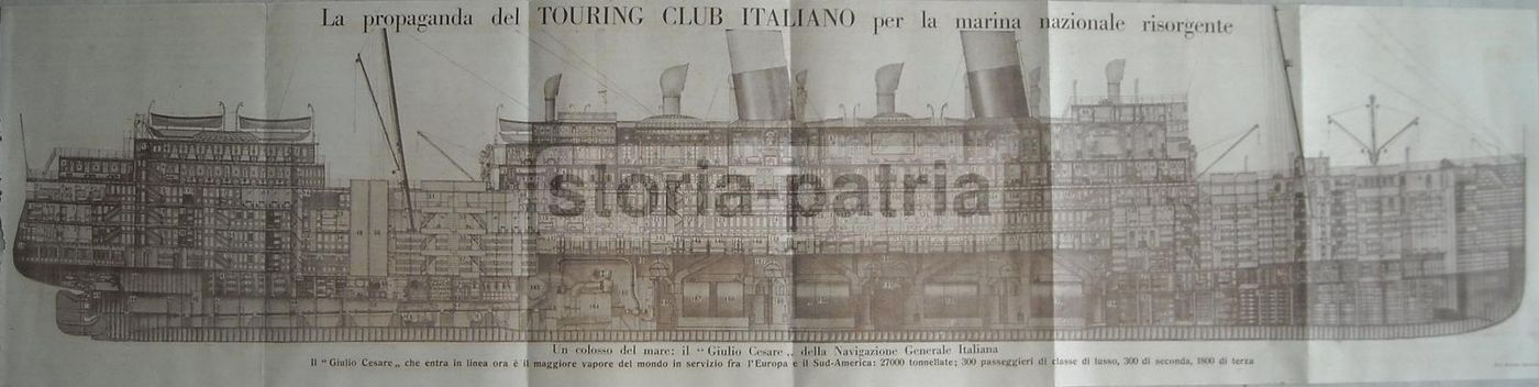 Nave Giulio Cesare NGI. Stampa Originale Con Spaccato E Alloggi Emigranti