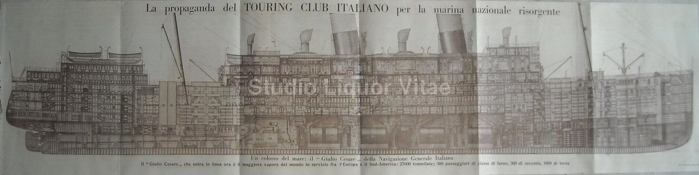 Nave Giulio Cesare NGI. Stampa Originale Con Spaccato E Alloggi Emigranti
