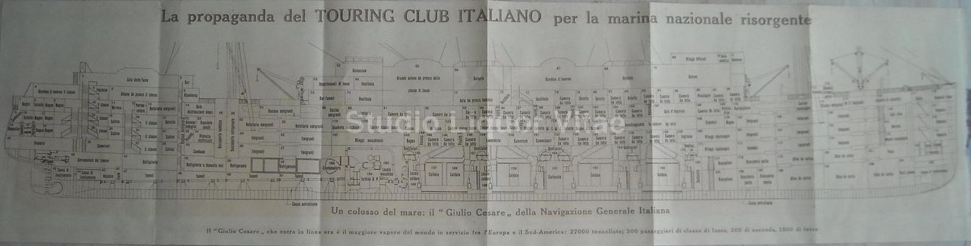 Nave Giulio Cesare NGI. Stampa Originale Con Spaccato E Alloggi Emigranti