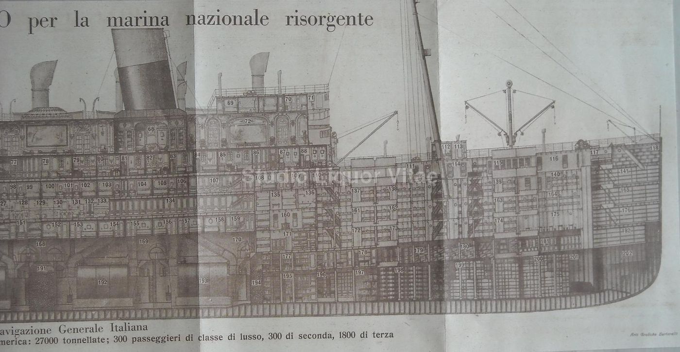 Nave Giulio Cesare NGI. Stampa Originale Con Spaccato E Alloggi Emigranti