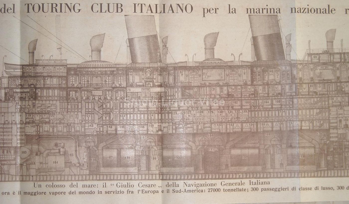 Nave Giulio Cesare NGI. Stampa Originale Con Spaccato E Alloggi Emigranti