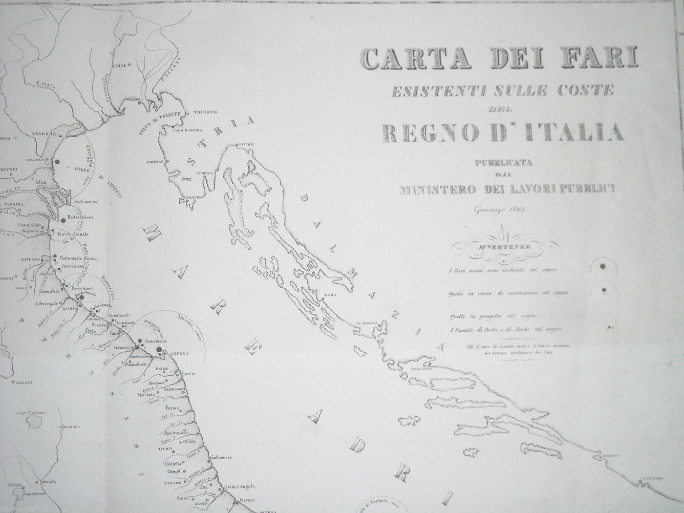 Carta Dei Fari d'Italia 1865 Ministero Lavori Pubblici Balatri